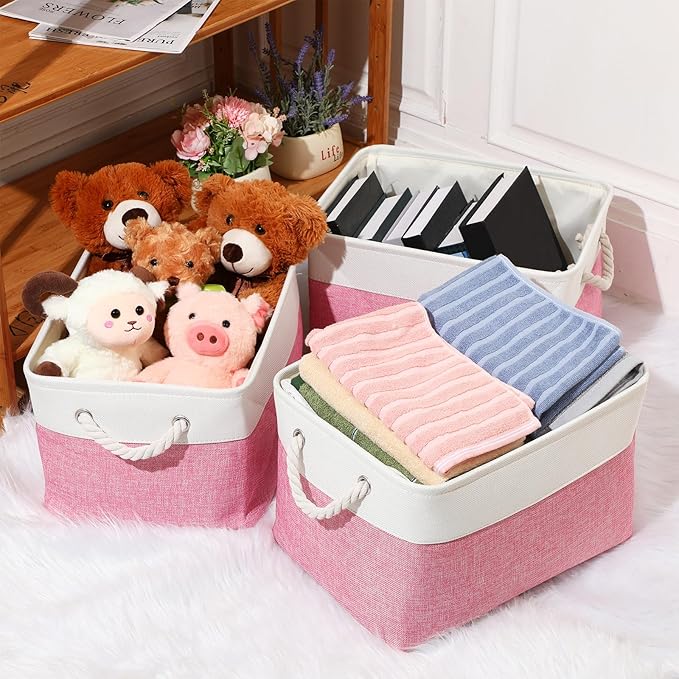 meekoo 8 Pack Collapsible Storage Bins Fabric Storage Bins Polyester Fabric Baskets with Handles Linen Closet Organizer for Shelf Home Closet Towels Toys(15 x 11 x 9.5 in,Pink White)