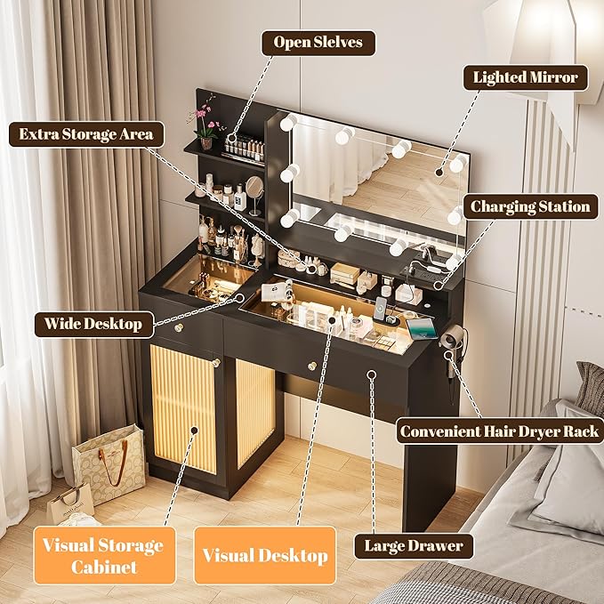 40" Vanity Desk with Large Mirror and Lights, Modern Glass Top Makeup Vanity Set with Power Outlet, Drawers and Cabinet, 3 Lighting Color Adjustable Dressing Table for Bedroom, Black