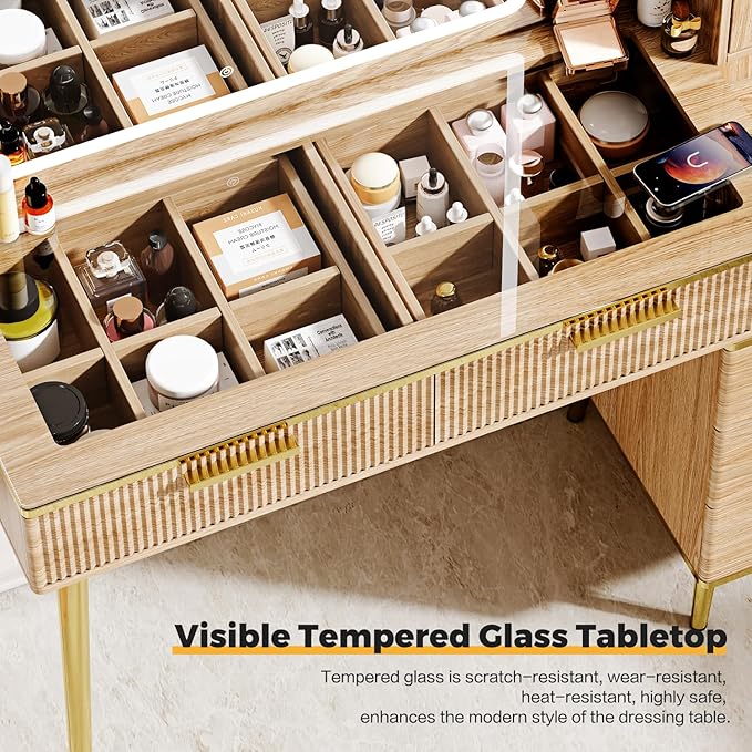 47.24" Big Modern Vanity Desk with Mirror and Lights, Vanity Desk with 29.53" HD Lighted Mirror, Makeup Vanity with 5 Drawers and Storage Shelves and Charging Station, Oak2