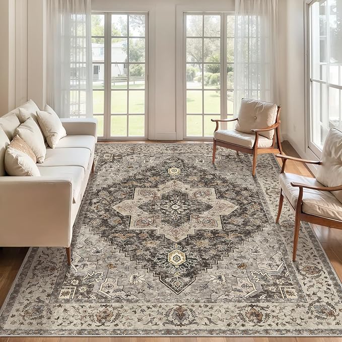 Tangsoo 8x10 Area Rugs for Living Room, 8x10 Washable Rug Vintage Indoor Non Slip Large Area Rugs, Print Distressed Brown/Grey Carpet, Soft Low Pile Foldable Floor for Bedroom Dining Room Dorm