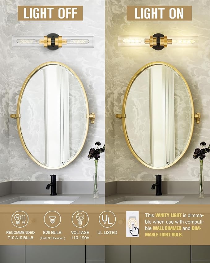 Emak Black and Gold Vanity Lights for Mirror, Modern 22 Inch Bathroom Light Fixtures with Clear Glass Shade, 2-Light Cylinder Wall Sconce for Bathroom, Bedroom, Hallway, VL085-BKBGD-2