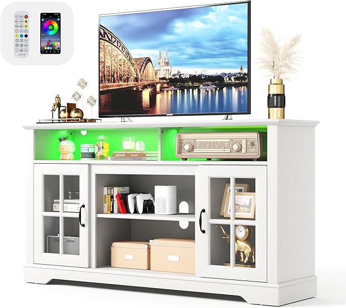 LINSY HOME TV Stand for 65 Inch TV, 32" Tall Entertainment Center with LED Lights and Glass Door Storage Cabinet, Modern Farmhouse Wood TV Media Console Table for Living Room, Bedroom, White