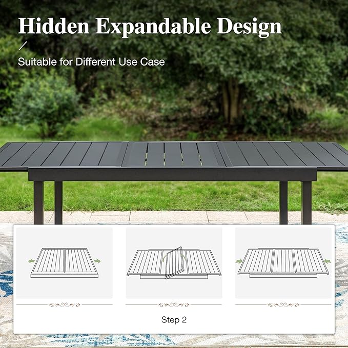 HERA'S HOUSE 7 Pieces Patio Dining Set for 6, Outdoor Rattan Chairs and Extendable Metal Dining Table with 1.57" Umbrella Hole for Deck, Balcony, Backyard, Garden