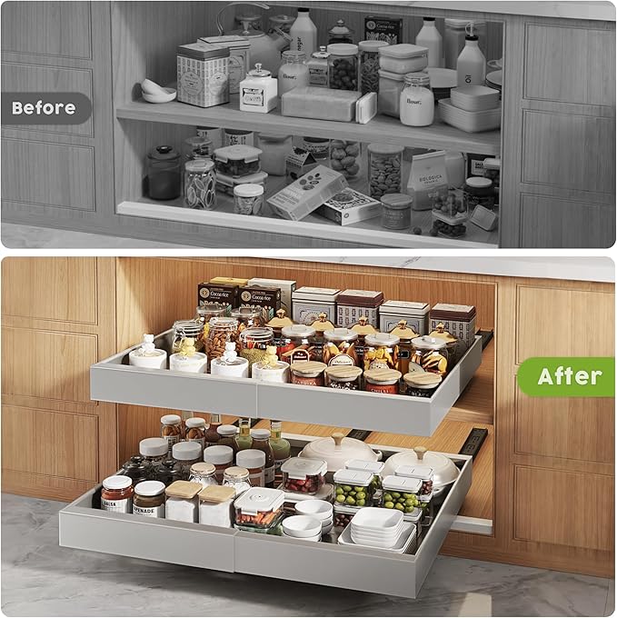 2 Pack Pull Out Cabinet Organizers 21" Deep With Raising Pad for Framed Cabinets, Expandable Width (15.2"-26.3") Slide Out Drawers Upgrade 3 Slide Rails, Roll Out Shelves Adhesive, Silver
