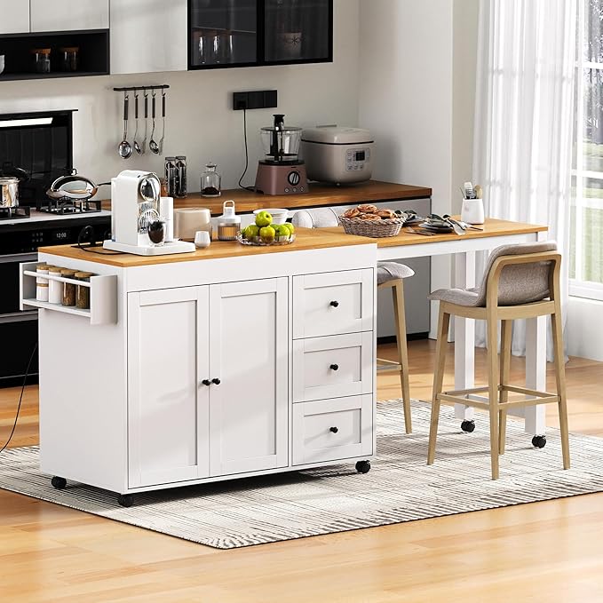 Kitchen Island with Extendable Dining Table, Kitchen Storage Cart with 3 Drawers, Power Outlet, Rolling Kitchen Island on Wheels with Spice Rack and 2 Door Cabinet,for Kitchen (White@01)