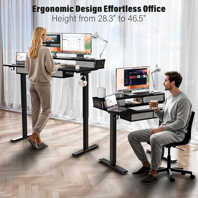 Electric Standing Desk with 4 Drawers 48''x 24'' Adjustable Height Sit to Stand Up Desk with Storage Shelf, C-Clamp Mount Compatible Black Home Office Desks Computer Gaming Table Ergonomic Workstation