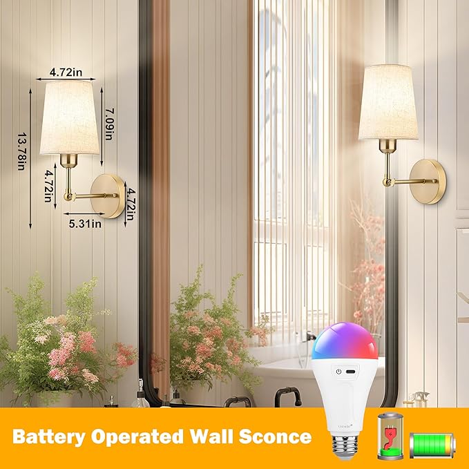 Battery Operated Wall Sconce Set of Two,Modern Gold Rechargeable Wall Lights with 5200mAh RGB Bulb and Remote Control, 270°Rotation Dimmable Battery Powered Wireless Wall lamps for Bedroom Living Room