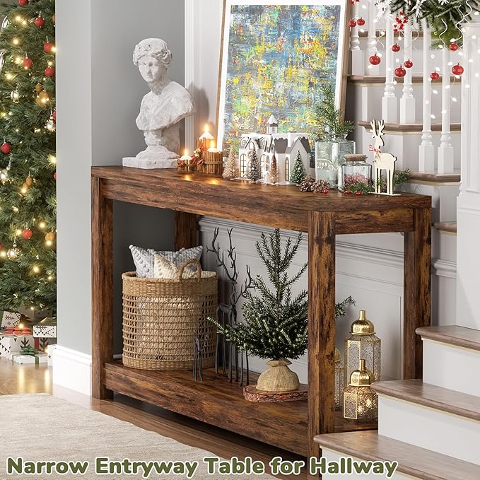 47" Farmhouse Wood Entryway Table Narrow Console Table with Storage Behind Couch Sofa Table with Shelves Entry Way Table with Open Storage, Easy Assembly, Rustic Brown