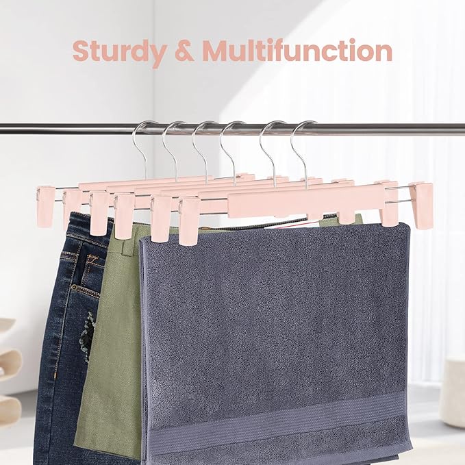 10 Pack Pants Hangers with Adjustable Non-Slip Clips Anti-Rust Hanging Hook for Trouser,Skirts,Jeans,Clothes Hangers Pink