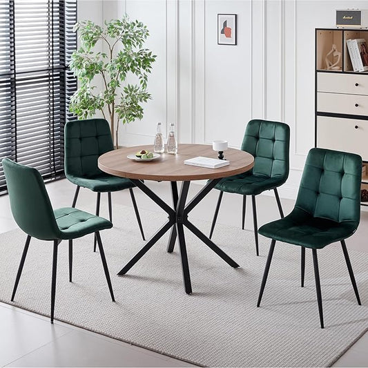 39" Round Dining Table Set for 4, Mid Century Kitchen Table with 4 Green Velvet Upholstered Dining Chairs for Apartment Living Room Space Saving