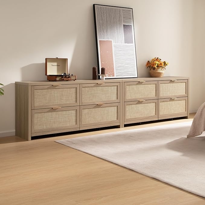 SICOTAS 60.8" Dresser for Bedroom, Rattan Boho Dresser with 4 Deep Drawers, Large Chest of Drawers for Closet,Nursery,Dressers TV Stand for Bedroom (Reclaimed Light Oak, 4 Drawers (1 pc))