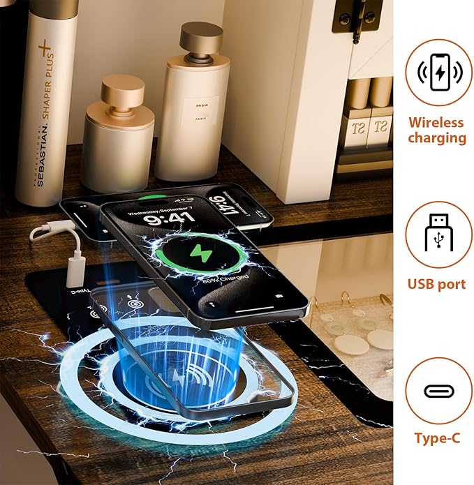 Makeup Vanity, Farmhouse Vanity with Mirror & Generous Clear Glass Countertop, 40'' Intelligent Makeup Desk with Multi-Functional Charging Station & Human Body Sensing LED Lights, White