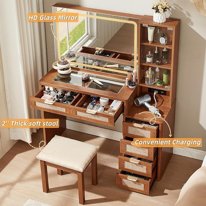LEYAOYAO Vanity Desk with Mirror and Lights, 43.5'' Makeup Vanity Set with Stool 6 Drawers and Adjustable Shelves, Rattan Wood Make Up Vanity Dressing Table with Glass Top and Power Outlet for Bedroom