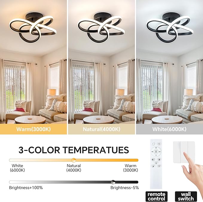 Modern Ceiling Light, 36W LED Dimmable Ceiling Light with Remote Control, 3000-6000K Color Temperature Changing, Balck Small Chandelier for Bedroom, Entryway, Hallway, Kitchen