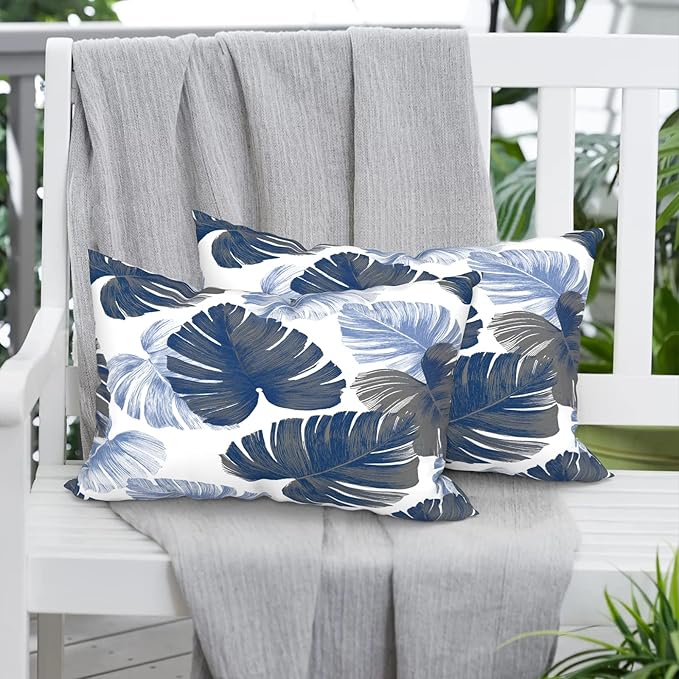Pack of 2 Outdoor Lumbar Pillow Covers, All Weather Cushion Pillow Cases 12x20 Inch, Pillowcase for Patio Couch Decoration, Monstera Blue