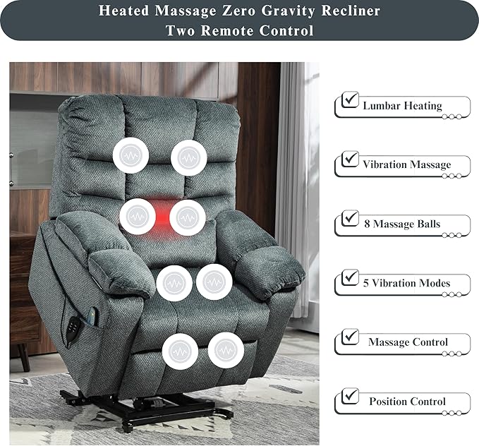 3-Motor Lift Chair with Adjustable Seat Height Zero Gravity Lay Flat Recliner with Heat Massage - Flip Arm Storage Cup Holders - Power Lift Recliner for Elderly – Big Tall 400 lbs (Slate Blue)