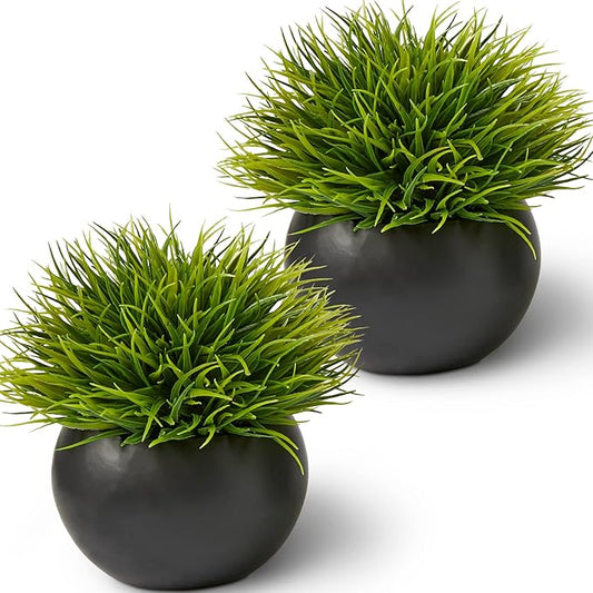 SEEKO Succulents Small Fake Plants (Grass, 2 Pack) - Realistic Artificial Plants Indoor for Shelf, Bathroom, Desk, Office and Bathroom Decor