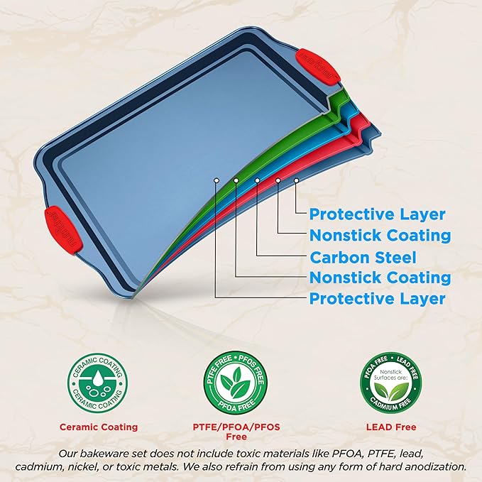 NutriChef 10-Piece Nonstick Bakeware Set - Deluxe Carbon Steel with Blue Silicone Coating, Red Handles, Professional Grade Kitchen Essentials, Ideal for Baking Cakes, Cookies, and More (Blue)