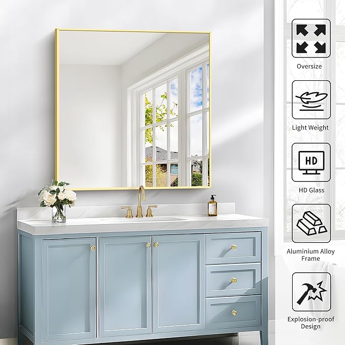 Gold Bathroom Mirror for Wall, 30x30 Inch Rectangle Mirrors with Metal Frame, Modern Vanity Wall Mirror Decor for Bathroom Living Room, Entryway Hangs Horizontal or Vertical