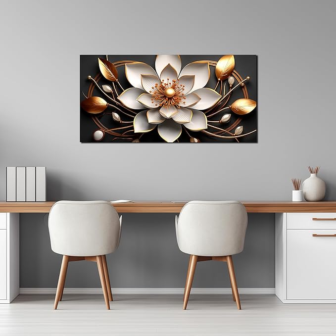 Large Artwork Canvas Wall Art for Living Room Office Room Bedroom Decor Wall Painting White and Gold Flowers Picture Modern Decorative Painting with Frame Ready to Hang Canvas Decor Size 20x40