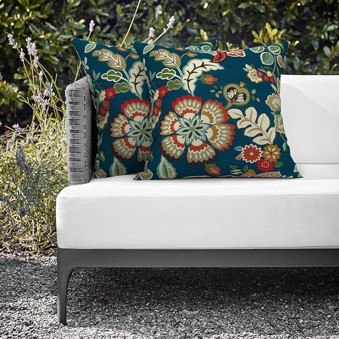 Outdoor Throw Pillows 16x16 Inch, Water Repellent Patio Pillows with Inners Set of 2, Outdoor Pillows for Patio Furniture Home Garden, Peacock Blue