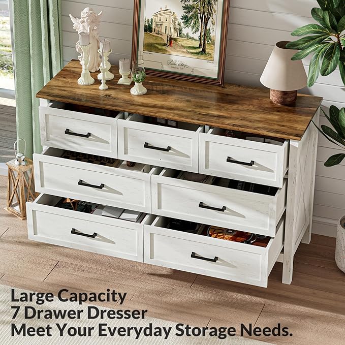 LYNSOM Farmhouse 7 Drawers Dresser for Bedroom, Wood Rustic Wide Chest of Drawers with Deep Drawers, Metal Handle, Storage Dressers Organizer for Entryway, Hallway, Antique White