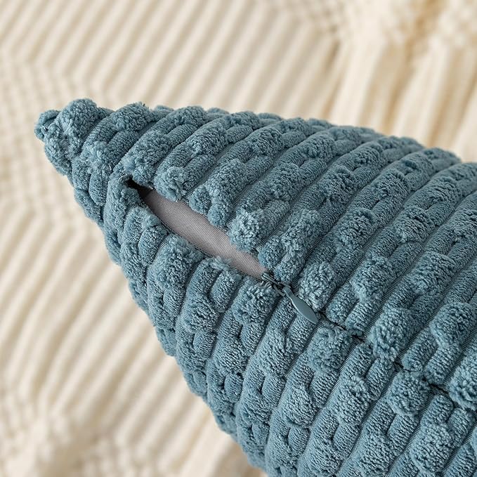 Kevin Textile Throw Pillow Covers Soft Corduroy Decorative Set of 2 Boho Striped Pillow Covers Pillowcases Farmhouse Home Decor for Couch Bed Sofa Living Room 22x22 Inch Blue Grey