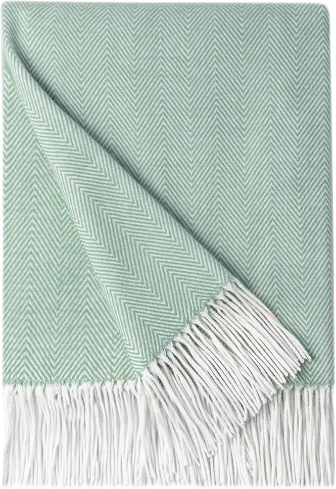 BOURINA Herringbone Tone Throw Blanket Faux Cashmere Fringe Soft Lightweight Cozy for Bed Couch Decorative Throws Blanket, Green, 50" x 60"