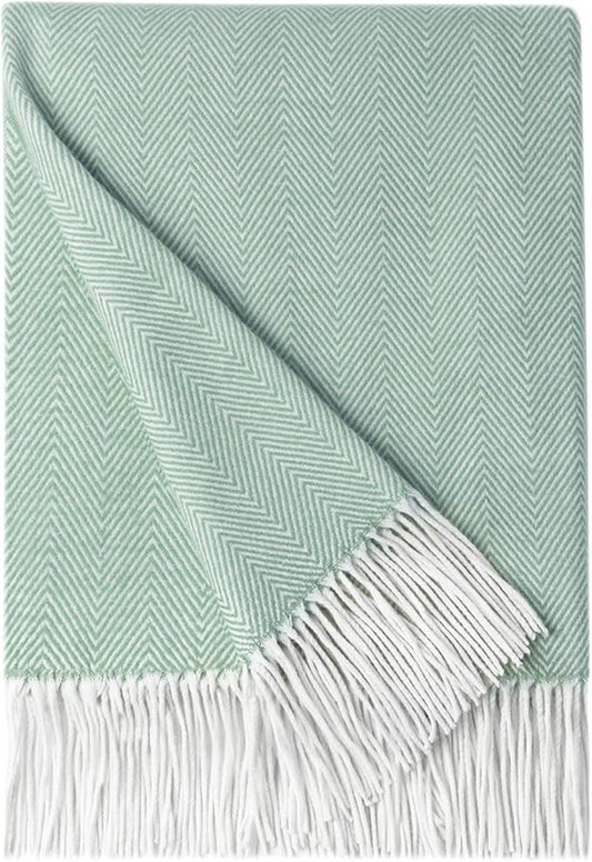 BOURINA Herringbone Tone Throw Blanket Faux Cashmere Fringe Soft Lightweight Cozy for Bed Couch Decorative Throws Blanket, Green, 50" x 60"