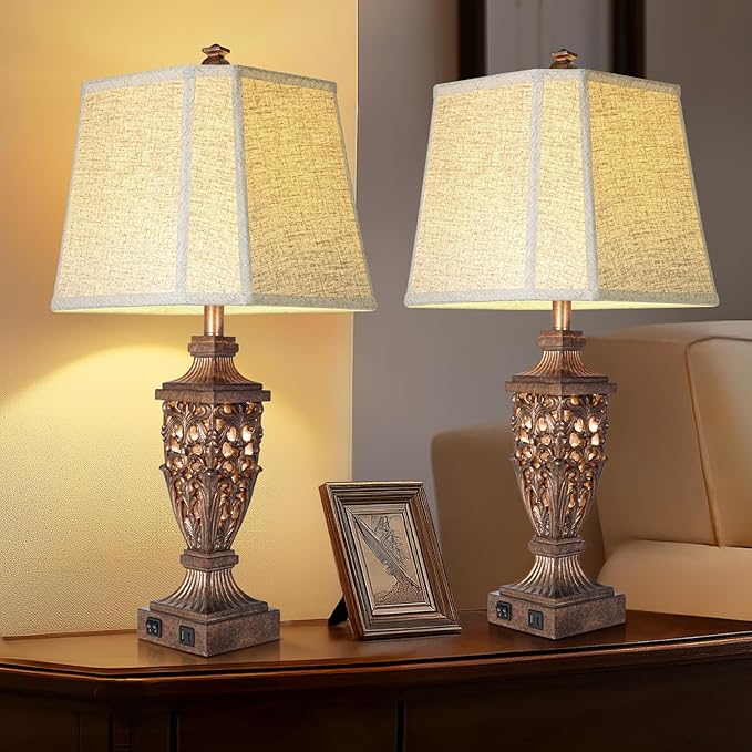 28.5" Vintage Bronze Table Lamps Set Of 2 with Night Light,Lamps for Nightstand with Beige Linen Cut Corner Shade,Bedside Lamp with USB A+C Ports for Bedrooms,Living Room,Office,Hotel(Bulb Included)