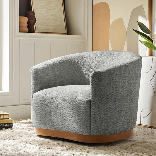 HULALA HOME Chenille Swivel Accent Chair, Fully Assembled, Comfy Upholstery Barrel Armchair with Sturdy Solid Wood Base, Grey