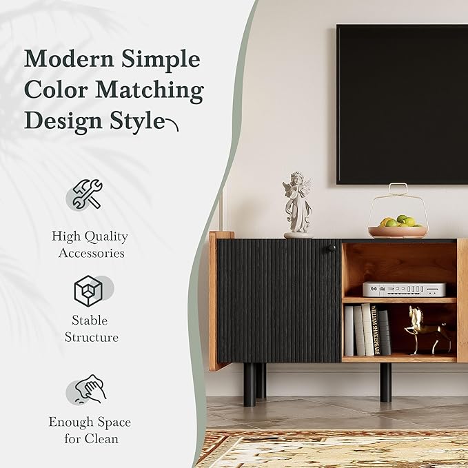 TV Stand for TVs up to 70 Inch TV, Mid Century Modern Entertainment Center with Storage Cabinets and Open Shelf, Media Console with Fluted Panel for Living Room