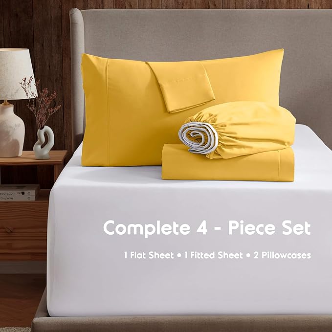 Nestl Split King Sheet Set - 1800 Ultra-Soft Microfiber Bed Sheets - Double Brushed - Deep Pockets - Easy Fit - 5 Piece Set - Bed Sheets & Pillowcases (Split King Size, Yellow)