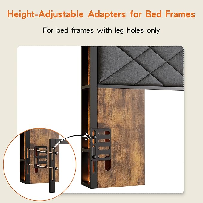 Full Size Headboard, Bed Headboard with Wood Bookcase, Charging Station, LED Light, Adjustable Height, Headboards Queen with Storage, Linen, Rustic Brown and Black