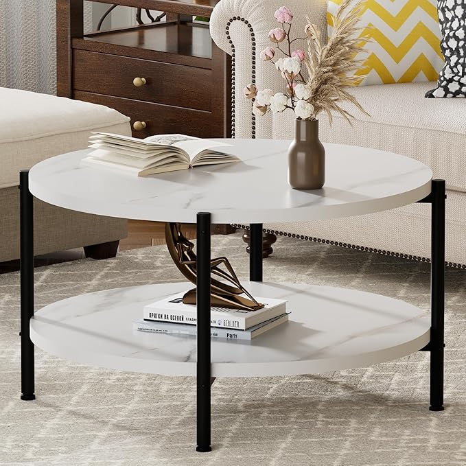 Round Coffee Table, 27.6" Circle Coffee Table for Living Room, 2-Tier Wood Accent Center Table with Open Storage Industrial Design Home Furniture, White