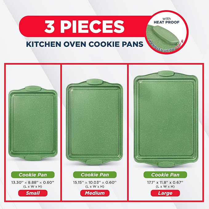 BAKKEN Kitchen Baking Pan Set - Nonstick Green Marble Coating, Carbon Steel Bakeware Sets with Green Silicone Handles, Kitchen Essentials, PFOA, PFOS, PTFE Free, Oven Safe (Up To 450° F), Set of 3