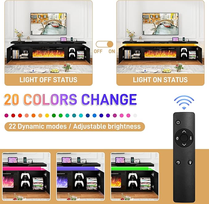 Fireplace TV Stand for 80" TV, 71" LED TV Stand with 40" Electric Fireplace & Power Outlet, High Gloss Surface, 2 Storage Cabinet, Modern Style (71 Inch, Black