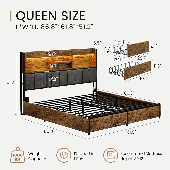 Queen Bed Frame with 6 Storage Drawers, Linen Upholstered Headboard, Built-in USB Charging Station & LED Lighting, Silent Metal Support, No Box Spring Needed, Vintage Brown