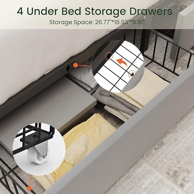 King Size Bed Frame with 4 Storage Drawers and Tufted Headboard Velvet Upholstered Platform Bed Frame with Heavy Duty Wood Slats, No Box Spring Needed, Easy Assembly, Bluish Grey