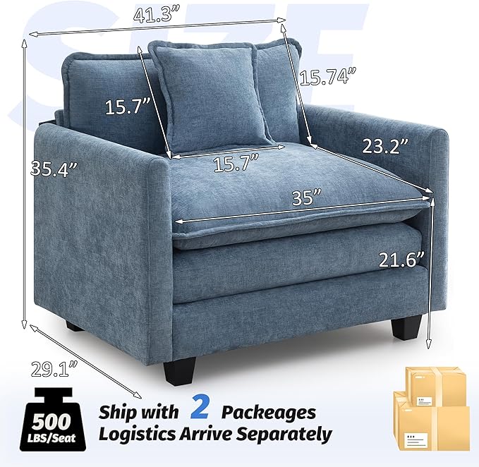 41'' Modern Chenille Oversized Chair, Upholstered Accent Living Room Chair with Extra Thicked Deep Seat, Single Lounge Chair for Bedroom, Small Apartment, Blue