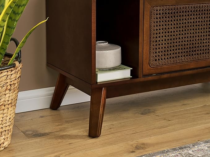 68 Inch Mid Century Modern TV Stands with Rattan Doors, MCM Entertainment Center Media Console for 60/65/70/75 inch TVS, Long Boho Television Stand for Living Room, Dark Walnut