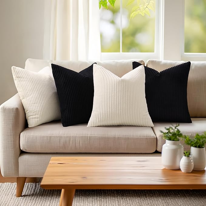 Mecatny Corduroy Decorative Throw Pillow Covers 20x20 Set of 2 for Sofa Living Room, Soft Neutral Boho Couch Pillow Covers for Home Decor, Black