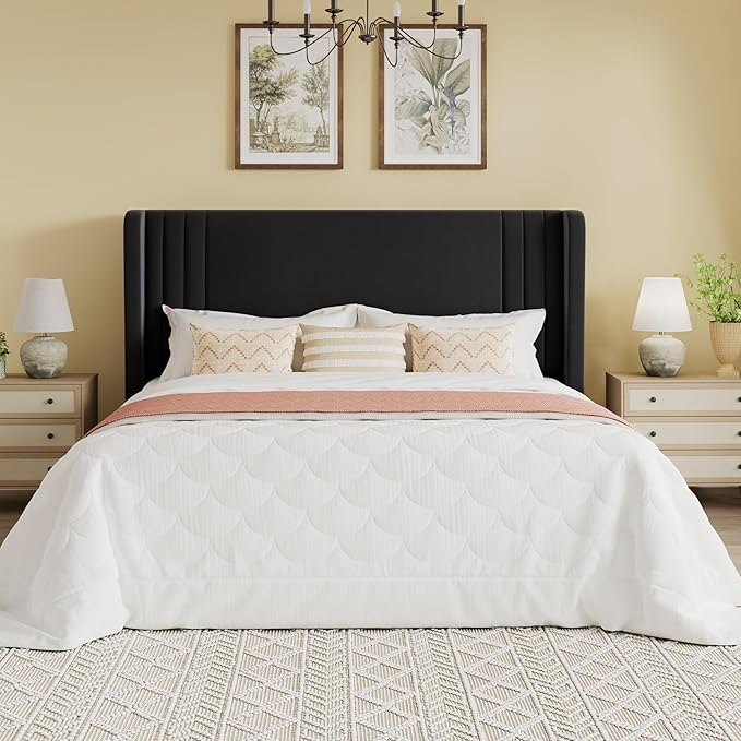 SHA CERLIN Full Size Velvet Upholstered Platform Bed Frame with Vertical Channel Tufted Wingback Headboard, Wooden Slats Support, Easy Assembly, Under Bed Storage, No Box Spring Required, Black