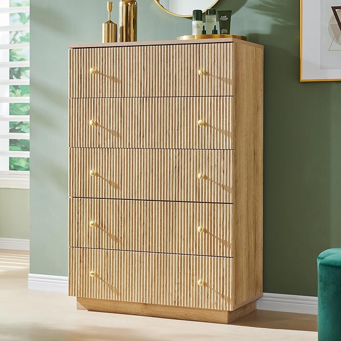 Fluted Dresser for Bedroom, 5 Drawer Dressers, Wood Tall Dresser Storage Organizer, Chest of Drawers with Deep Storage, Modern Bedroom Chest for Closet Hallway, Entryway, Living Room, Natural