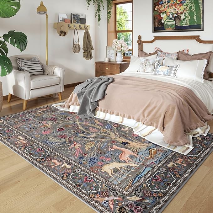 Area Rugs 5x7 Vibrant Tree of Life-Patterned Vintage Washable Area Rug Non Slip Low Pile Large Rugs for Living Room Bedroom Farmhouse Dining Room Kids Playroom, Grey