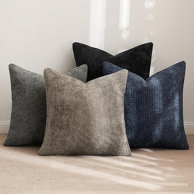 MIULEE Pack of 4 Couch Throw Pillow Covers 18x18 Inch Neutral Navy/Grey Soft Decorative Chenille Pillow Covers Farmhouse Accent Cushion Covers for Boho Home Decor Sofa Bedroom Living Room