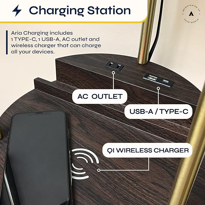 ATAMIN Modern Floor Lamp with Shelves and Fast Charging Ports – USB-C, USB, Wireless Charging, and Compact Storage Shelf Lamp for Connected Living