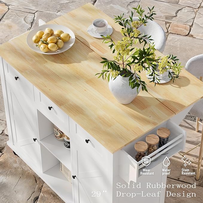 Rolling Kitchen Island Cart with Drop Leaf, Large Kitchen Island on Wheels with Storage and 3 Drawers, Mobile Island for Kitchen with Rubber Wood Countertop, Towel Rack (White, X-Large)