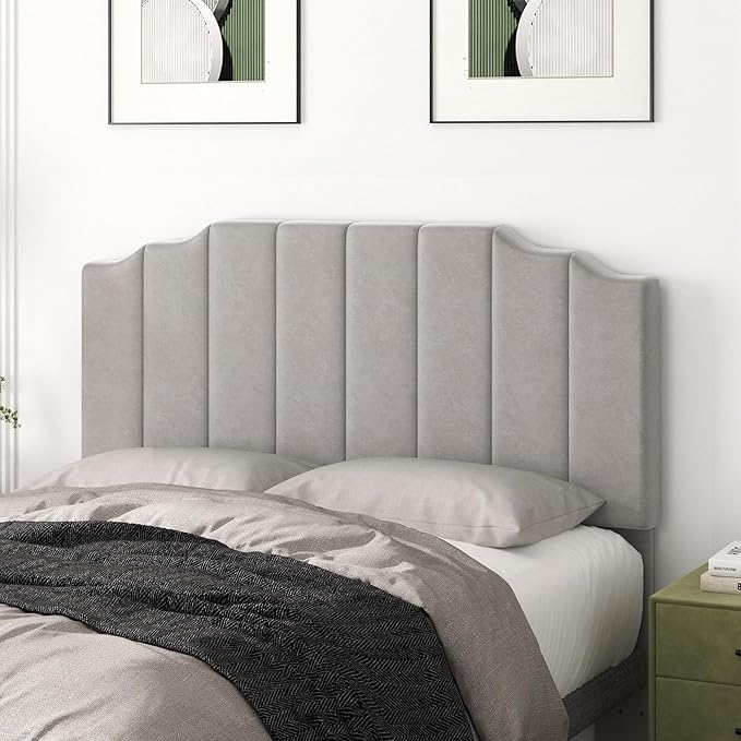 Queen Size Headboard Only, Velvet Wall Mounted Headboard Queen Size for Adjustable Bed, Modern Vertical Channel Design with Curved Tufted Upholstered Head Board and Luxury Soft Padded, Gray