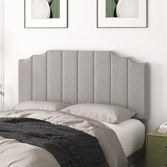 Queen Size Headboard Only, Velvet Wall Mounted Headboard Queen Size for Adjustable Bed, Modern Vertical Channel Design with Curved Tufted Upholstered Head Board and Luxury Soft Padded, Gray